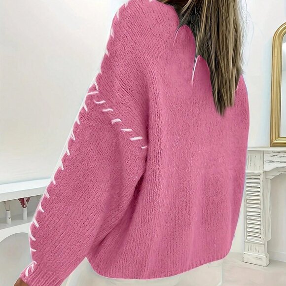 Plus Size Pink Casual Women's Minimalist Pullover Sweater - Picture 2 of 6